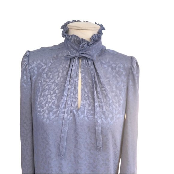 VTG 70s Iridescent Lavender Dress High Neck Ruffle Puff Sleeve Cottagecore M L - Picture 3 of 10